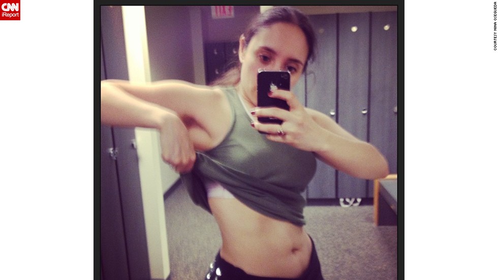 Osegueda works out three to four times a week. Here she is in 2013, at the gym, &quot;showing off my &#39;ab sprouts&#39;.&quot; 