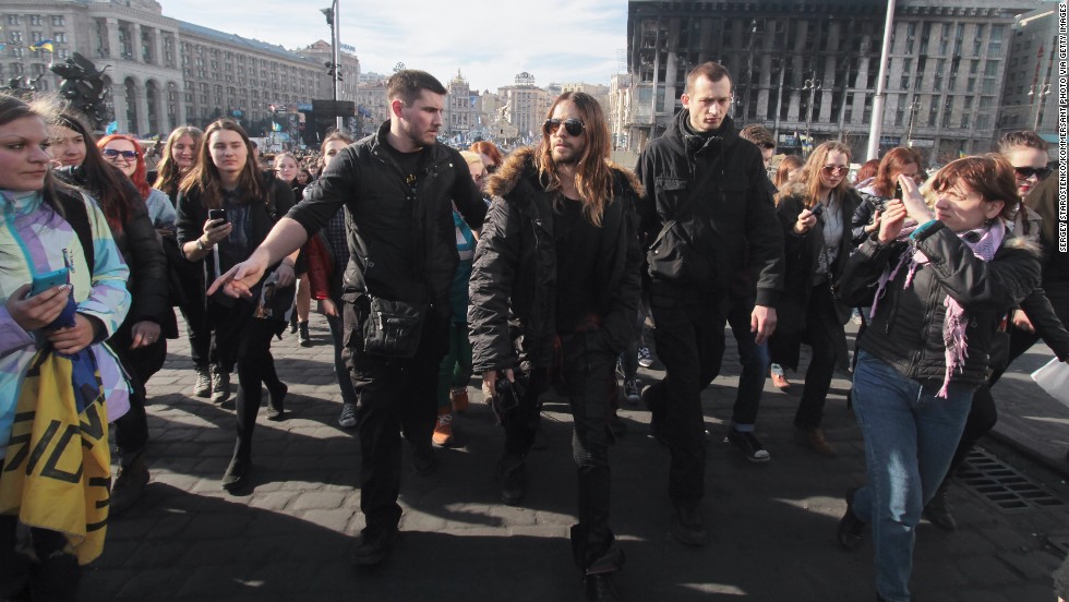 Recent Academy Award winner Jared Leto walks through Independence Square in Kiev on March 13. During his Oscars acceptance speech in early March, the actor spoke to protesters in Ukraine and Venezuela saying, &quot;We&#39;re thinking of you tonight.&quot;