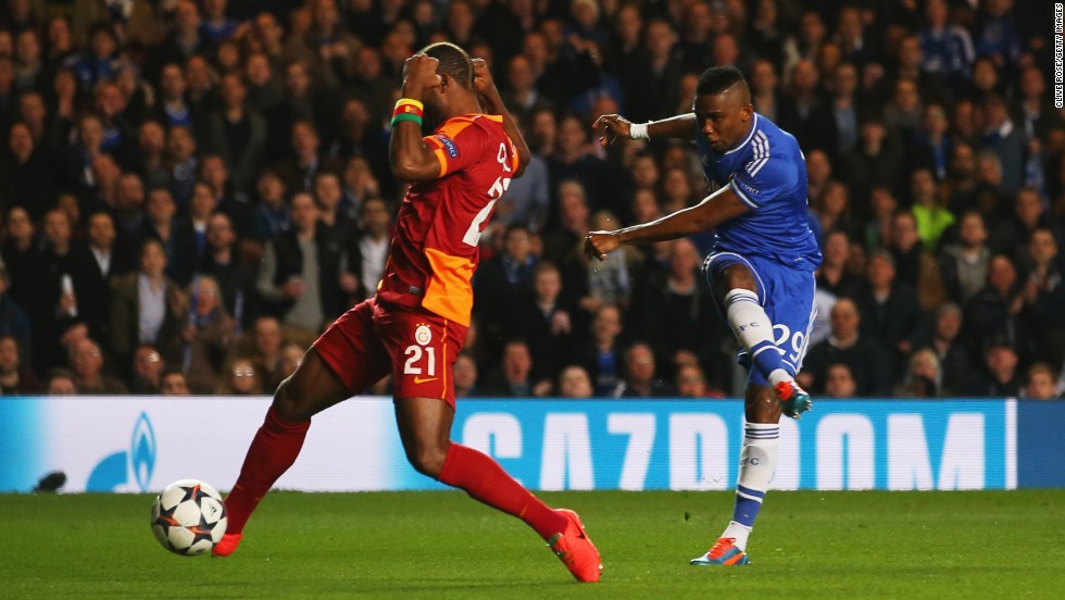 In 2013, he moved to English club Chelsea, reuniting with Mourinho. Here Eto&#39;o hits his 30th Champions League goal in the last-16 win against Galatasaray in March 2014.