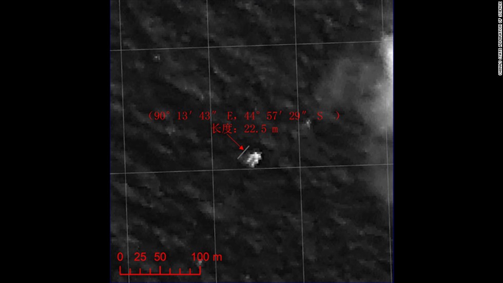A Chinese satellite captured this image, released on March 22, 2014, of a floating object in the Indian Ocean, according to China&#39;s State Administration of Science. It was a possible lead in the search for the missing plane. Surveillance planes were looking for two objects spotted by satellite imagery in remote, treacherous waters more than 1,400 miles from the west coast of Australia.