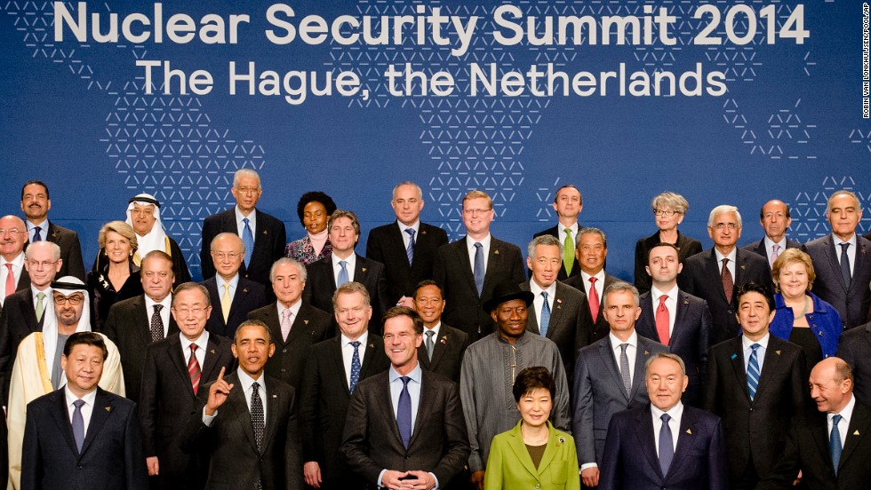 Obama, gesturing in the bottom left, joins other world leaders for a group photo on the last day of the Nuclear Security Summit in The Hague, Netherlands, on Tuesday, March 25. The summit was the primary reason for Obama&#39;s trip.