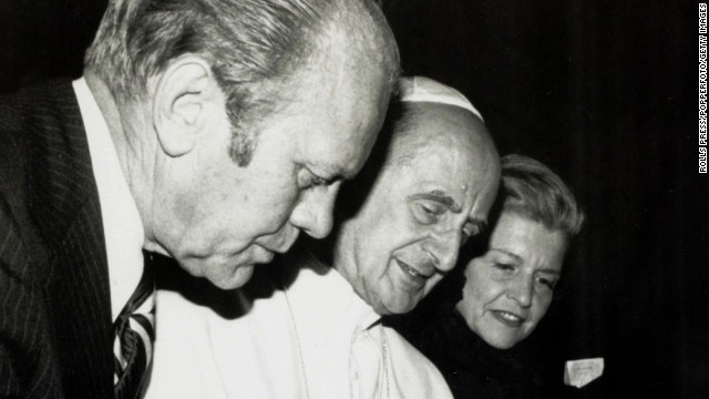 President Gerald Ford and first lady Betty Ford meet with Pope Paul VI at the Vatican in 1975.