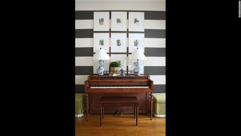 Clark&#39;s foyer boldly displays a black-and-white stripe paint treatment.