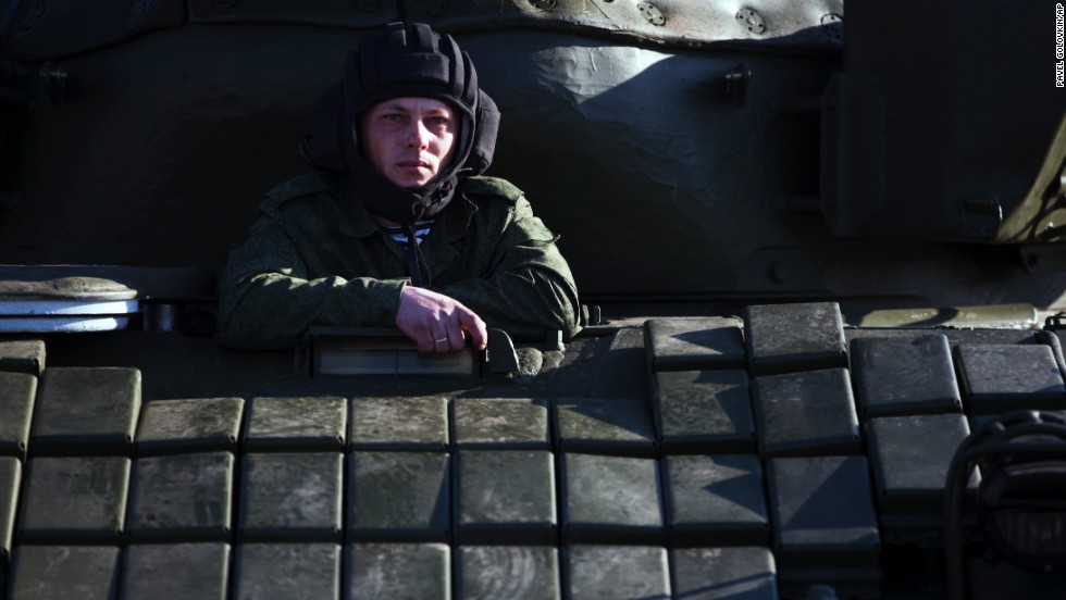 A Russian solder sits in a tank at the Ostryakovo railway station, not far from Simferopol on March 31.