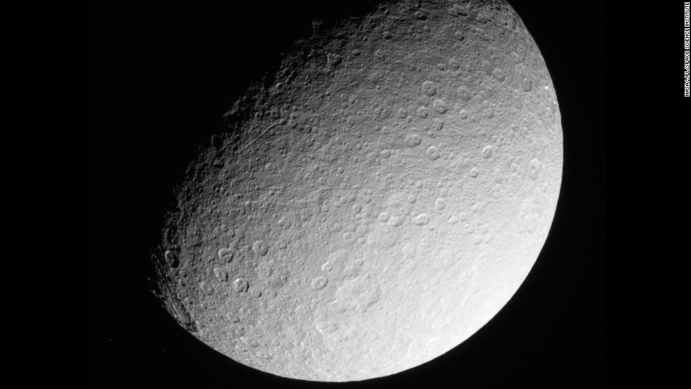 Saturn&#39;s moon Rhea is seen from approximately 174,181 miles away in this March 2013 image.