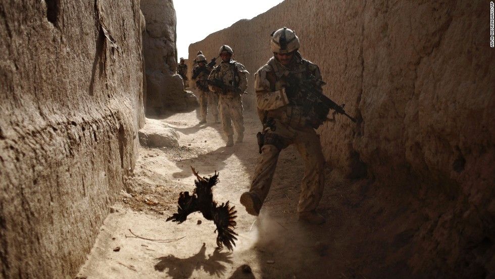 A Canadian soldier chases a chicken seconds before he and his unit were attacked by grenades during a patrol in Salavat, Afghanistan, in September 2010.