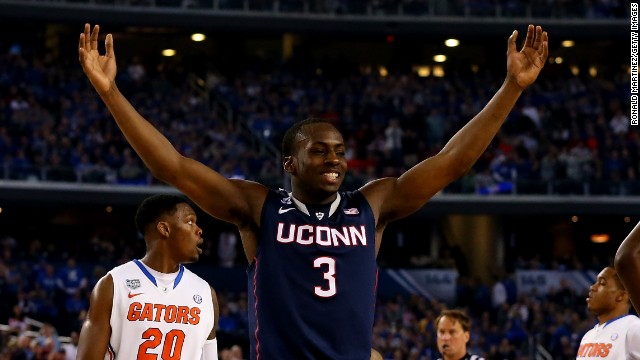 Terrence Samuel celebrates after the Connecticut Huskies&#39; semifinal win over the Florida Gators Saturday, April 5.