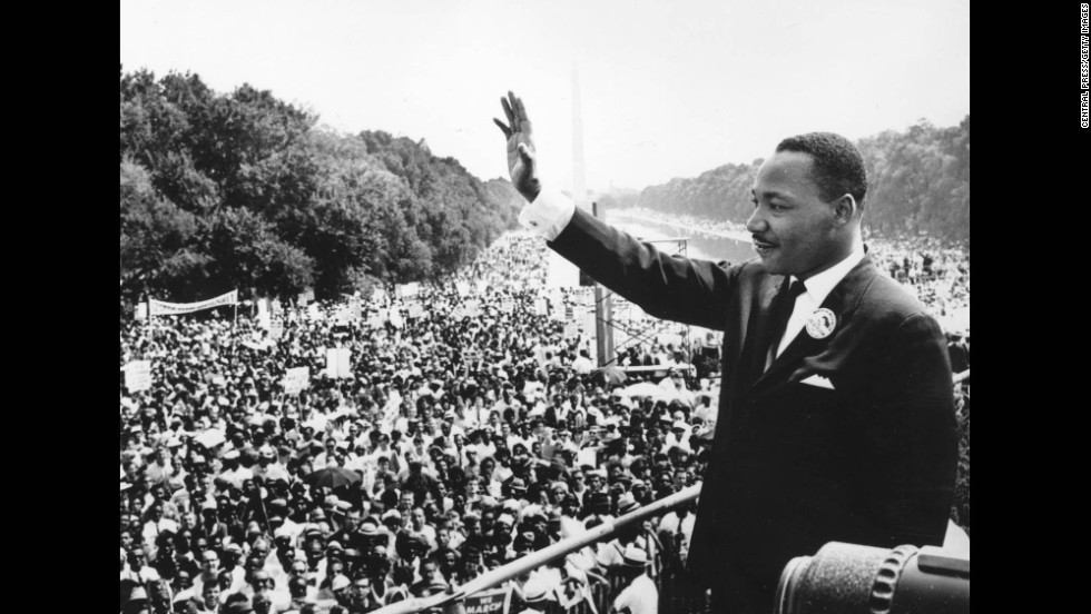King addresses the crowd at the Lincoln Memorial in Washington, where he delivered his famous &quot;I Have a Dream&quot; speech on August 28, 1963.