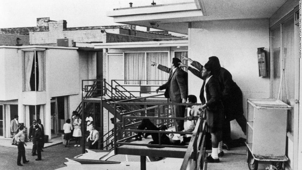 King lies bleeding at the feet of other civil rights leaders after he was shot on the balcony of the Lorraine Motel in Memphis, Tennessee, on April 4, 1968.