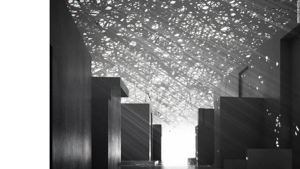 The ceiling of the Louvre Abu Dhabi contains a series of geometric openings so that light can flood into the museum. The pattern is meant to mimic the way light enters a souk. 