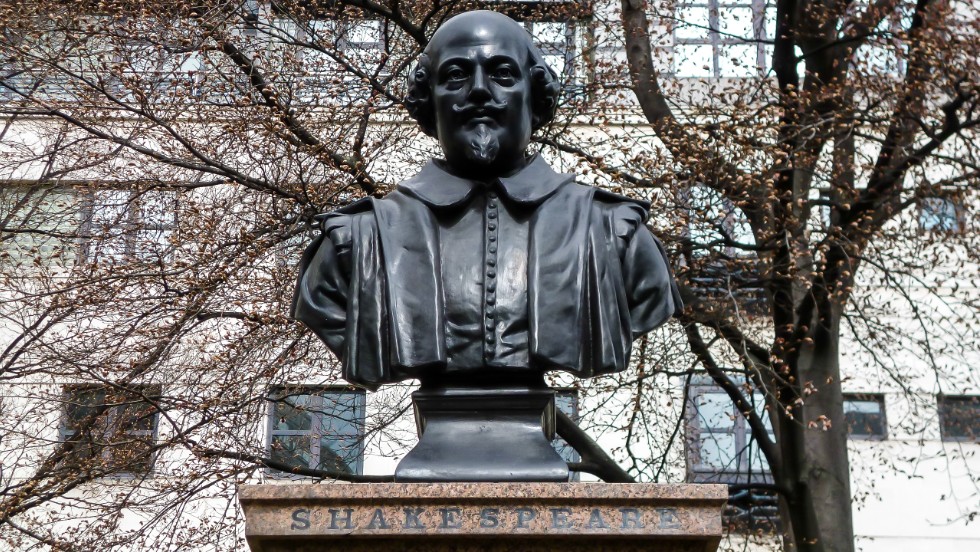 This statue of Shakespeare sits in front of the remains of St. Mary Aldermanbury parish in the City of London. The Bard, considered by many the greatest writer in the English language, wrote 38 plays and more than 100 sonnets.