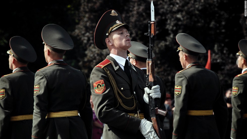 Transnistrian army and police are seen during the parade in 2009. Transnistria split from Moldova, a former Soviet republic, in a two-year war that erupted as the Soviet Union fell apart. The Russians stepped in to back Transnistria but never recognized it as an independent state.