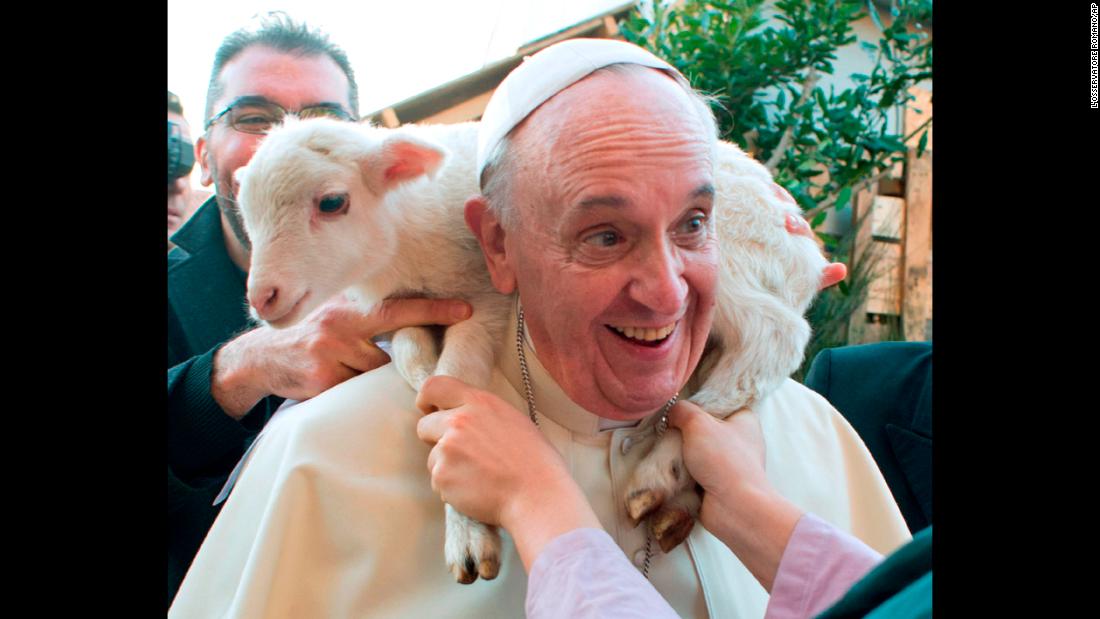 A lamb is placed around Francis&#39; neck in January 2014 as he visits a living nativity scene staged at a church on the outskirts of Rome.