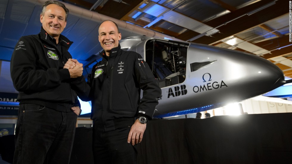 The plane is the brainchild of Swiss pilots Piccard, right, and Borschberg.