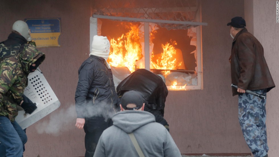 The Horlivka police station burns on April 14.
