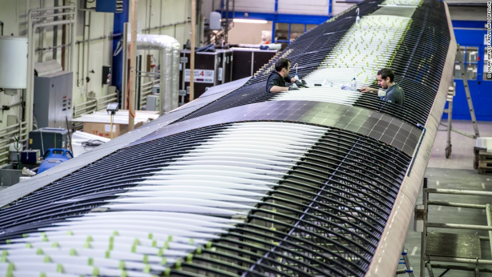 The top surface of the Solar Impulse 2&#39;s wings is covered with 17,000 solar cells that supply four electric motors with renewable energy. Its batteries can store enough solar daytime energy to keep the plane moving throughout the night.