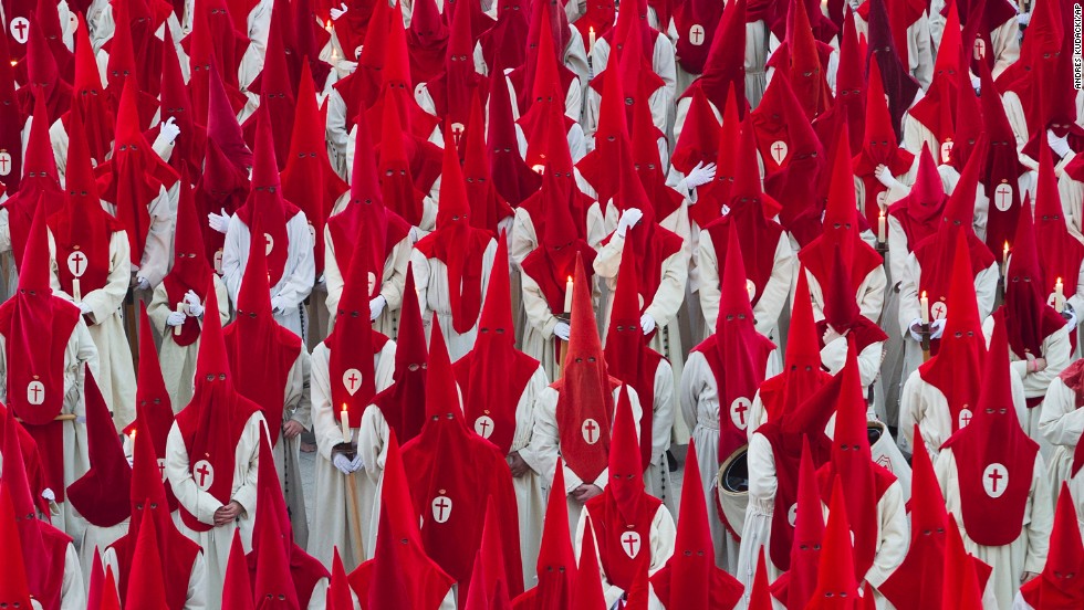 Penitents take part in the Procesion del Silencio by the Cristo de las Injurias brotherhood on April 16 in Zamora, Spain. 