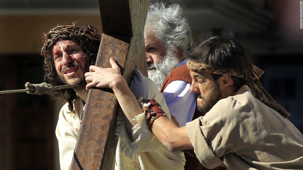A man participates in a re-enactment of the carrying of the cross April 18 in Balmaseda, Spain.