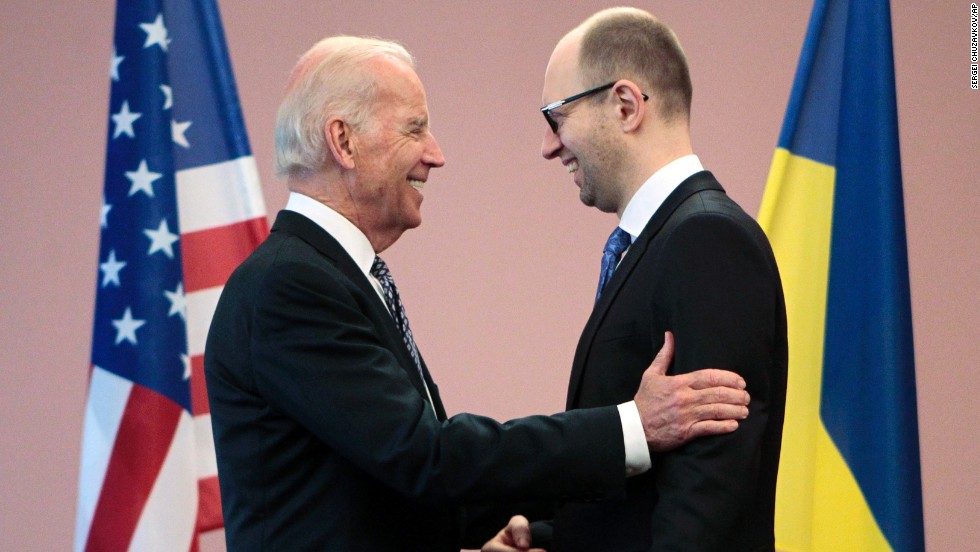 U.S. Vice President Joe Biden, left, talks with Ukrainian Prime Minister Arseniy Yatsenyuk during a meeting in Kiev on April 22.