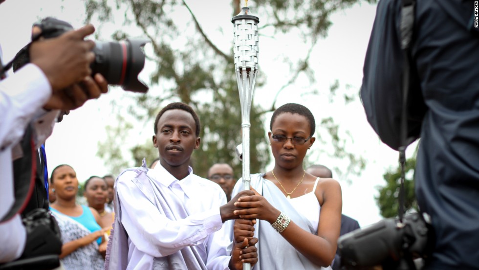 Young Rwandans carrying the Flame of Remembrance at the IPRC Stadium, Kicukiro, on April 5.