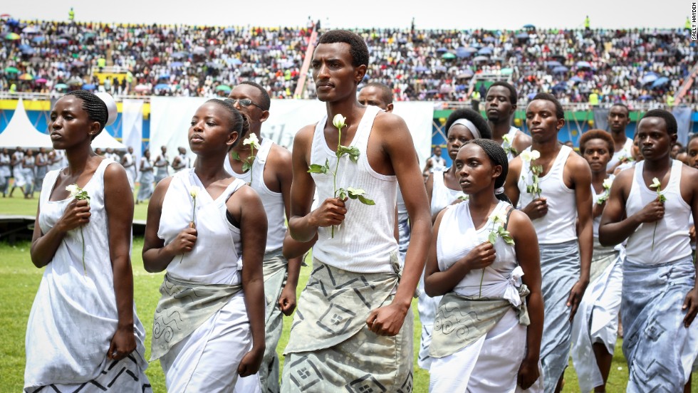 Young Rwandans, pictured here performing at Kigali&#39;s Amahoro Stadium on April 7, have played a big role in the commemoration events. 