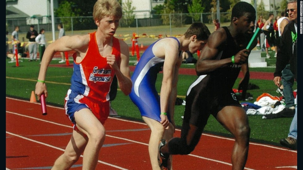 Evan was the anchor leg on the mile relay team at his high school. This photo was taken in 2006.