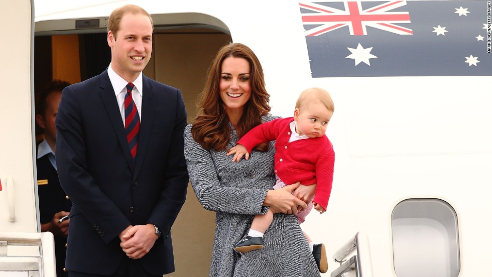The royal family leaves an airbase in Australia to head back to the United Kingdom in April 2014. They took a three-week tour of Australia and New Zealand. It was their first official trip overseas after George&#39;s birth.