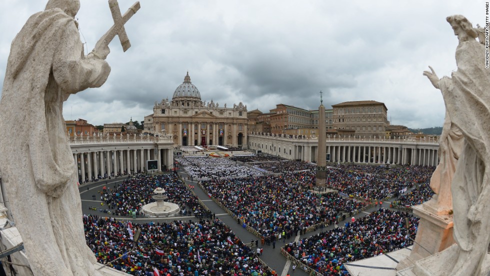 A large crowd gathers in St. Peter&#39;s Square for the canonization Mass for Popes John XXIII and John Paul II on April 27.