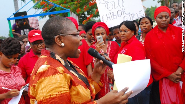 Former Nigerian Education Minister and Vice-President of the World Bank's Africa division Obiageli Ezekwesilieze speaks during a march for the kidnapped Chibok girls. 