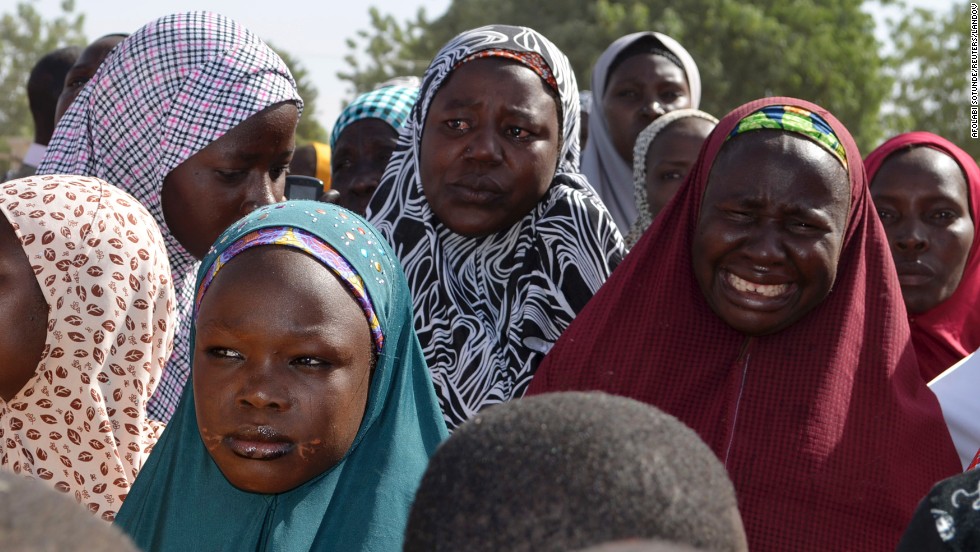 Mothers weep April 22 during a meeting with the Borno state governor in Chibok.