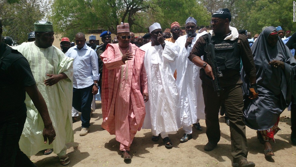 Borno state Gov. Kashim Shettima, center, visits the girls&#39; school in Chibok on April 21.