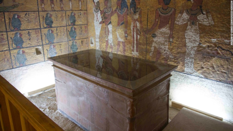 The interior of the facsimile of the tomb taken from the viewing gallery; the interior is reflected in the glass cover on top of the sarcophagus.