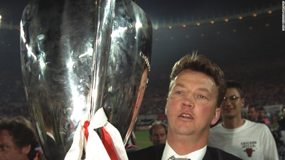 Van Gaal, now Manchester United manager, is pictured holding aloft the European Cup.