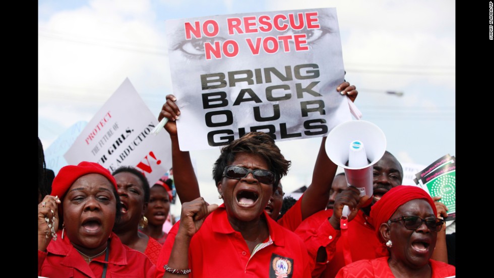 Women march Monday, May 5, in Chibok, Nigeria.