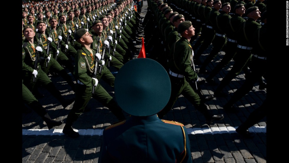 Russian soldiers march on Red Square in Moscow during a Victory Day parade.