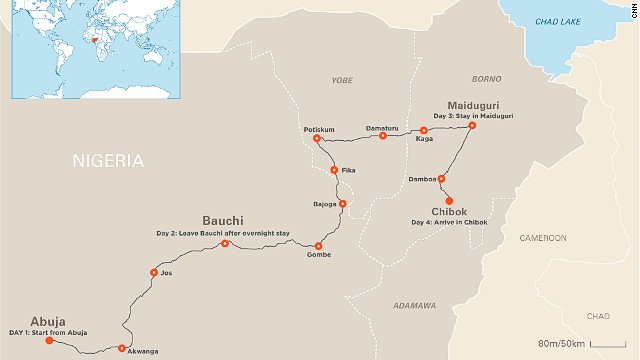 Map: Nima Elbagir&#39;s route to Chibok