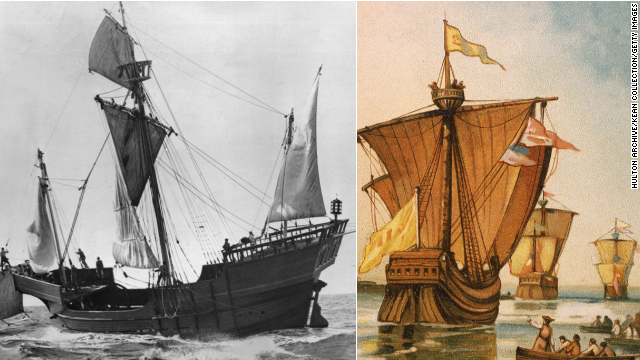 Left: A photograph, dated 1900, of a replica of explorer Christopher Columbus&#39; flagship Santa Maria. Right: An illustration, dated 1754, of Christopher Columbus&#39; fleet, the Nina, Pinta, and Santa Maria, departing from Spain in 1492. 