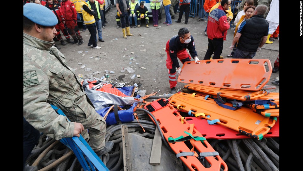 A rescue worker prepares stretchers for the search for miners on May 14.