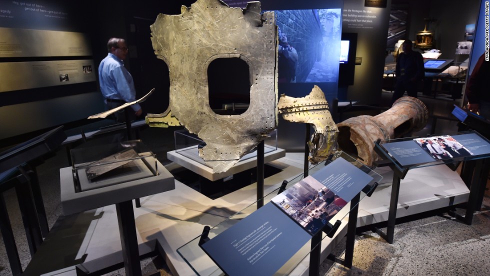 Pieces of American Airlines Flight 11 are on display. The plane plowed into the North Tower of the World Trade Center at 8:46 a.m. on September 11, 2001.