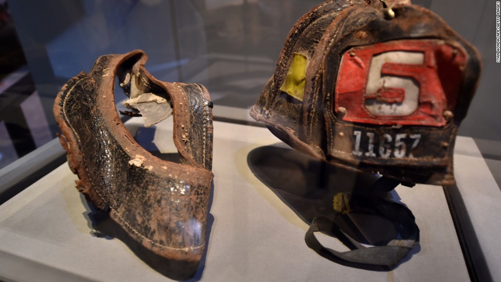 Helmets worn by firefighters on September 11, including those of Christian Waugh, were donated by families.