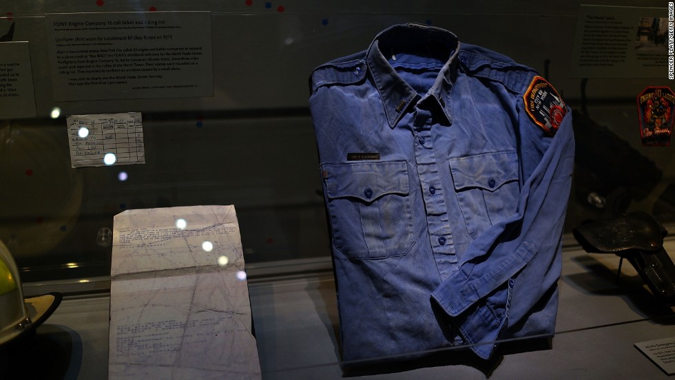 A firefighter shirt from ground zero is on view.