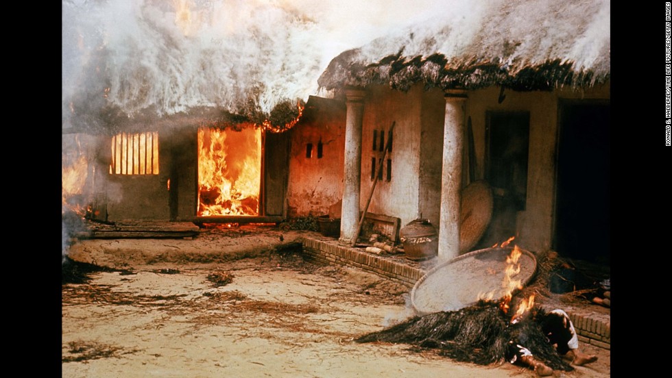 Houses in My Lai, South Vietnam, burn during the My Lai massacre on March 16, 1968. American troops came to the remote hamlet and killed hundreds of unarmed civilians. The incident, one of the darkest moments of the Vietnam War, further increased opposition to U.S. involvement in the war.