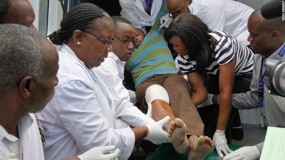 A man injured in one of the blasts arrives for treatment at Kenyatta National Hospital in Nairobi on May 16.