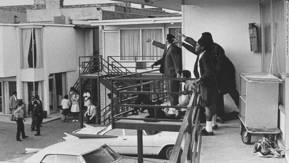 This photo was taken on April 4, 1968, moments after the Rev. Martin Luther King Jr. was shot and killed by a sniper as he stood on a balcony of the Lorraine Motel in Memphis, Tennessee. King was in Memphis to support striking sanitation workers.