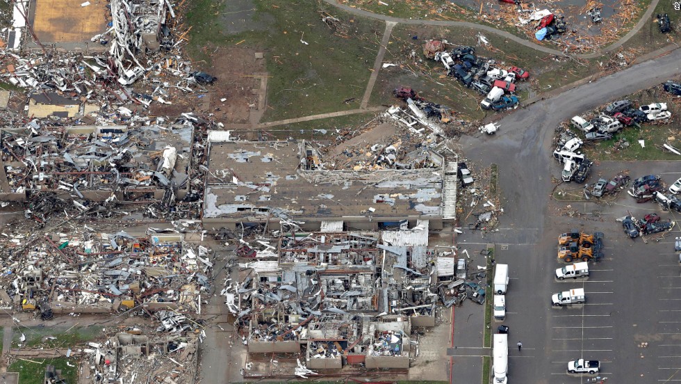 &lt;strong&gt;Then: &lt;/strong&gt;An aerial view of damage to the Plaza Towers Elementary School on May 21, 2013. Seven students died when a tornado hit the school a day earlier.
