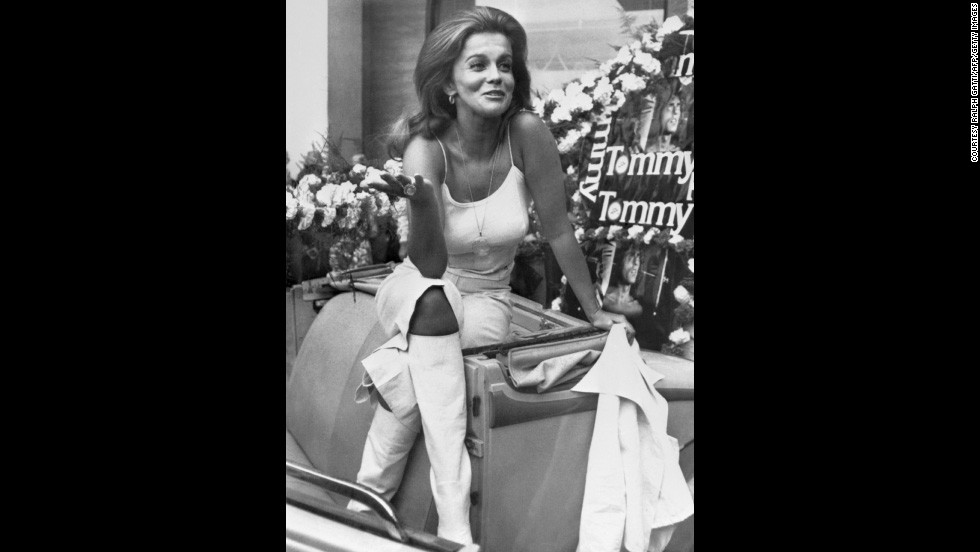Swedish-American actress Ann Margret rides around the streets of Cannes in all white during a photo call in 1975. Margret used her backcombed hair and white leather boots to promote British film director Ken Russell&#39;s musical film &quot;Tommy&quot; in which she played Nora Walker. 