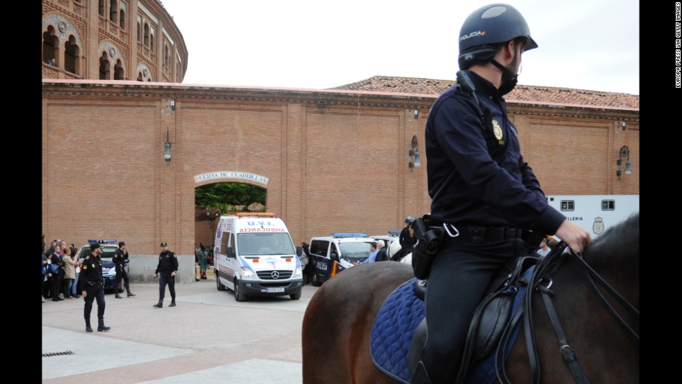 An ambulance leaves Las Ventas bullring.