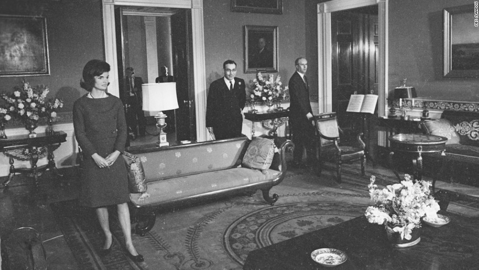 First lady Jackie Kennedy is shown in the Red Room of the White House on January 15, 1962, during the CBS News special program &quot;A Tour of the White House with Mrs. John F. Kennedy.&quot; The program showed off the restoration work that was spearheaded by the first lady.