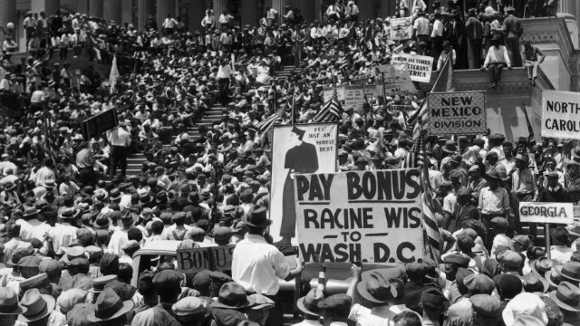 In 1932, 10,000 World War I veterans, many unemployed, protest over pay.