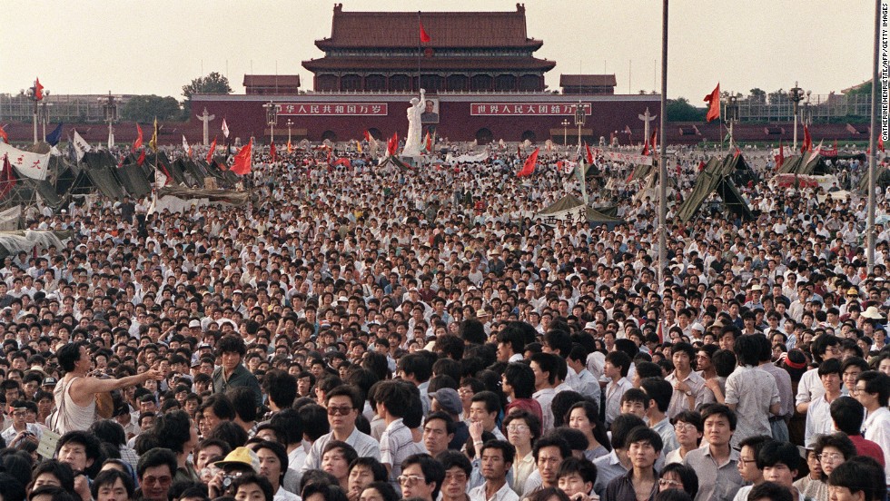 This photo was taken on June 2, 1989, showing hundreds of thousands gathered around the Goddess of Democracy.